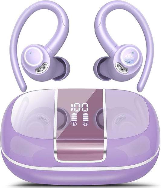 Wireless Earbuds Bluetooth 5.3 Headphones Sports, 48Hrs Playtime Bluetooth Earbuds with CVC 8.0 Mic, Stereo Bass Over Ear Bud with Earhooks, LED Display, IP7 Waterproof Earphon for Running Purple
