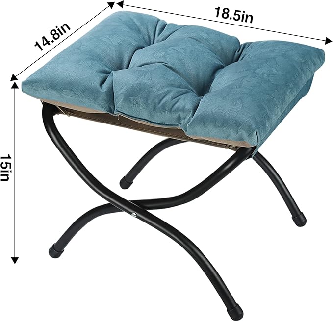 15" Foldable Foot Stool Ottoman with Metal Frame - Washable Blue Upholstered Indoor/Outdoor Footrest for Living Room, Bedroom, Patio - Space-Saving Compact Design