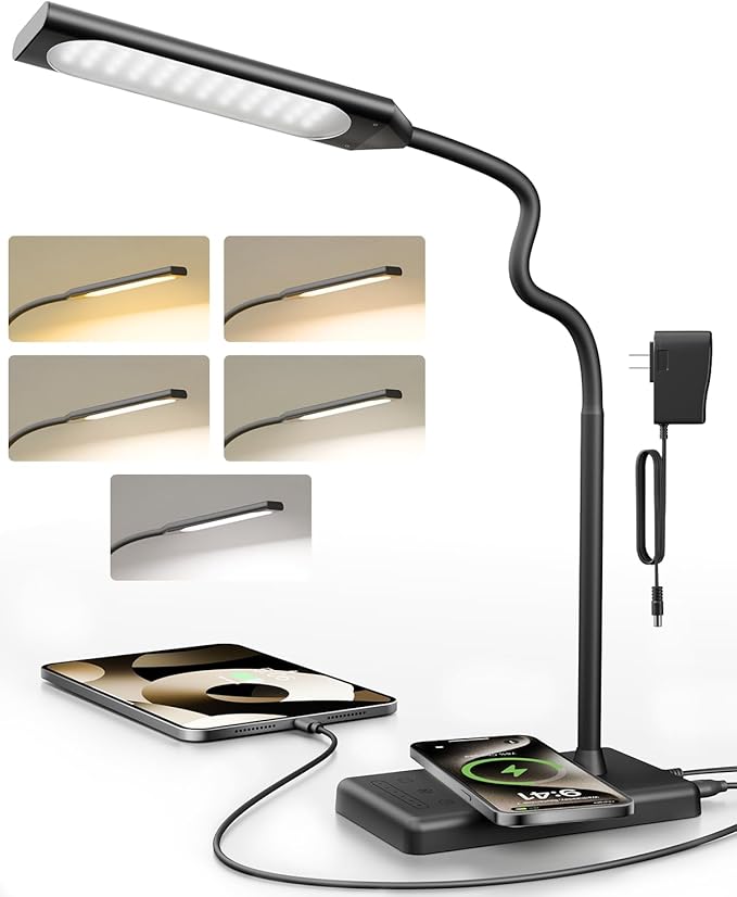 Adjustable LED Desk Lamp with Wireless Charging & Touch Control | 5 Colors & 6 Brightness Levels Eye-Caring Office Light with Memory & Timer