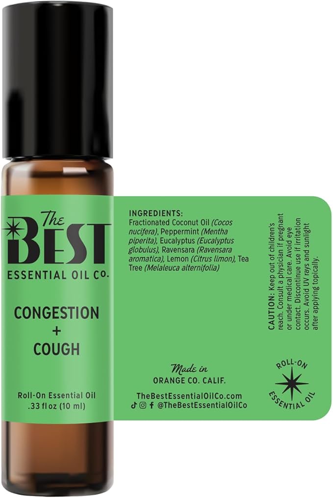 The Best Congestion + Cough Essential Oil Roll-On Blend- Premium Grade- Pre-Diluted in Coconut Oil- Ready to Use- 10 ml (.33 fl oz)