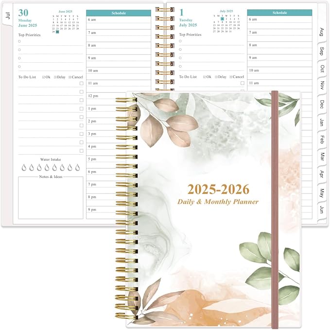 2025-2026 Daily & Monthly Planner - One Page Per Day, Daily Planner 2025-2026 from July 2025 to June 2026, Planner 25-26 with 12 Monthly Tabs, 6.4" x 8.5", Rose Leaf