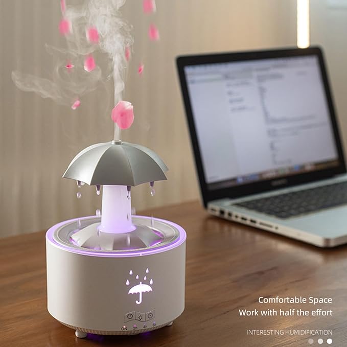 Humidifier for Bedroom, 7-Colors Led Rotating Umbrella Waterfal Humidifier with Water Droplet, 300ML Cute Desk Humidifier Aroma Diffuser with Remote,Timer Settings, Auto Shut-Off