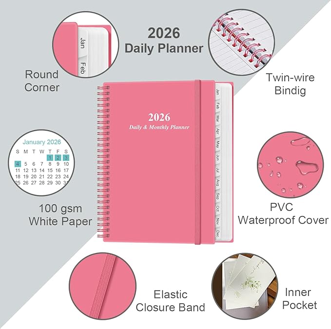 2026 Daily & Monthly Planner - One Page Per Day, Daily Planner from January 2026 - December 2026, Planner 2026 with 12 Monthly Tabs, 8.5" x 11", Pink