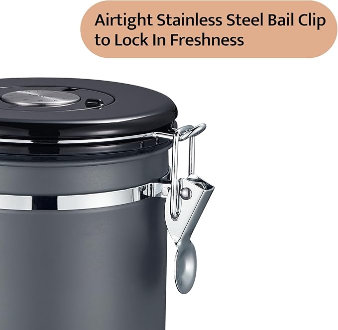 Veken Coffee Canister, Airtight Stainless Steel Kitchen Food Storage Container with Date Tracker and Scoop for Beans, Grounds, Tea, Flour, Cereal, Sugar, 16OZ, Gray