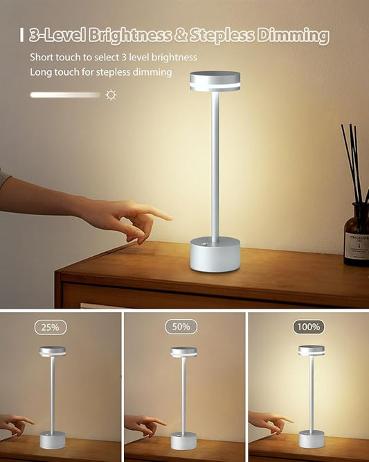 Modern LED Rechargeable Cordless Table Lamp with Touch Sensor, Aluminum Shell, 4000mAh Certified Battery, 3 Levels Brightness, USB-C Charging Port, 3000K Portable Metal Bedside Lamp (Silver)