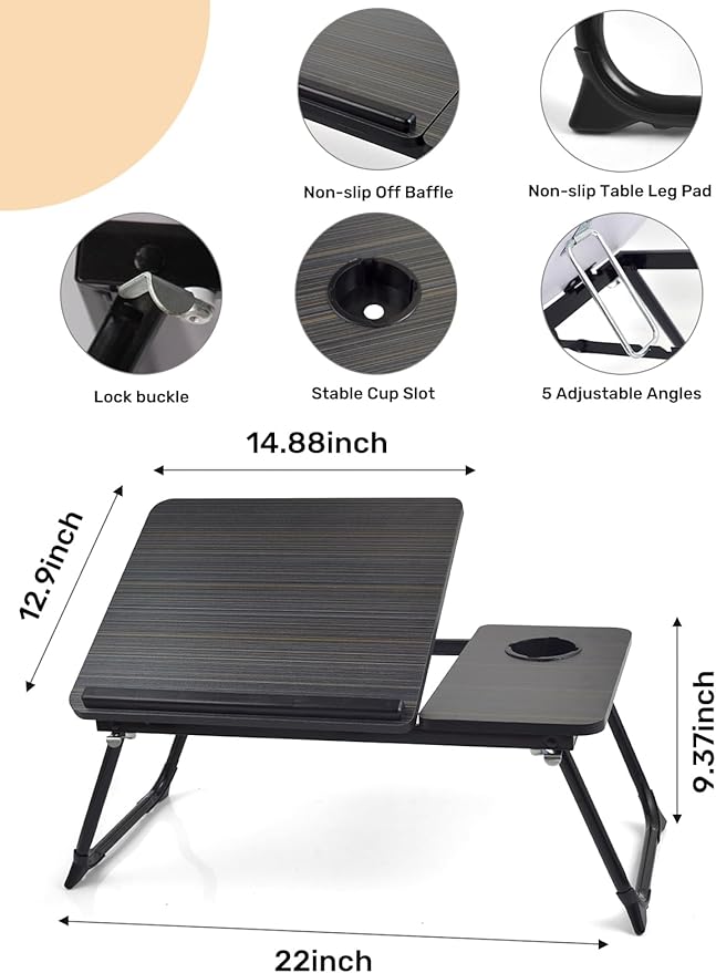 Lap Desk for Couch/Sofa/Floor, 5-Angle Adjustable Bed Desk with Foldable Legs &Cup Holder, Light Weight Bed Tray Table for Writing/Eating/Reading, Portable Laptop Stand for Adults, Kids