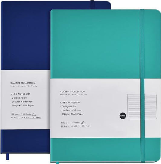 2 Pack B5 Journal Notebooks Classic College Ruled Notebooks Hardcover Lined Journals for Office Home School Business Writing Note Taking, 10.2 x 7.5 inch, 100GSM Thick Paper, 160 Pages (Blue/Green)