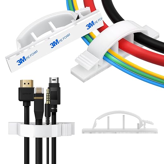 XHF 50pcs Adhesive Cable Wire Clips White, Outdoor Cable Management Wire Organizer Cord Holder for Under Desk, Car, Wall, TV PC Ethernet Cable