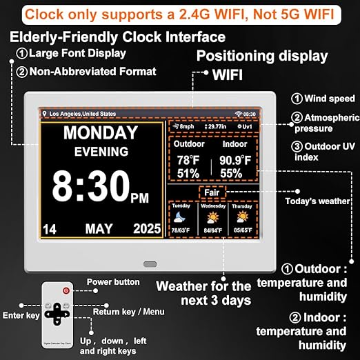 2025 New Digital Clock with Temperature/Humidity & Weather Forecast, Auto Time Sync Large Display, Custom Alarms & Medication Reminders, Ideal for Elderly(White, 7-Inch)