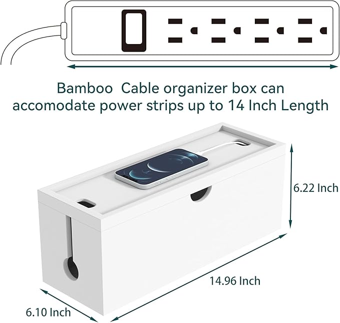 Bamboo Cable Management Box, Large Cord Organizer Box Cable Box to Hide Wires & Power Strips for Desktop Storage Cord Holder for Office Home,No Assembley Required (All White, Large)