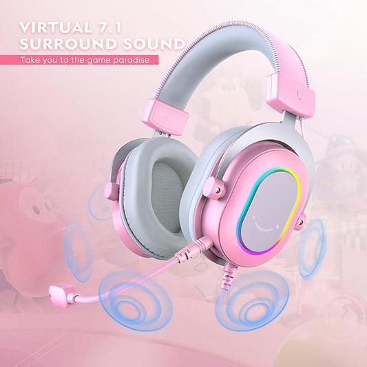 FIFINE PC Gaming Headset, USB Wired Headset with Microphone, 7.1 Surround Sound, in-Line Control, Computer RGB Over-Ear Headphones for PS4/PS5, for Streaming/Game Voice/Video-AmpliGame H6 (Pink)