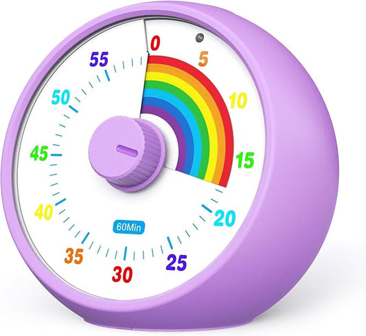 Visual Timer for Kids, 60-Minute Countdown for Classroom Office Kitchen, Desk Timer Kids Time Management Tools with Silent Operation, Pomodoro Timer Rainbow Pattern Purple