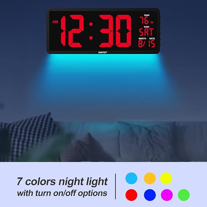 YORTOT 16" Digital Wall Clock Gym Timer with 7 Colors Light & Remote Control - Larger LED Display with Indoor Temperature | Date, Workout Timer with Count Down & Up | Stopwatch for Home Gym Garage