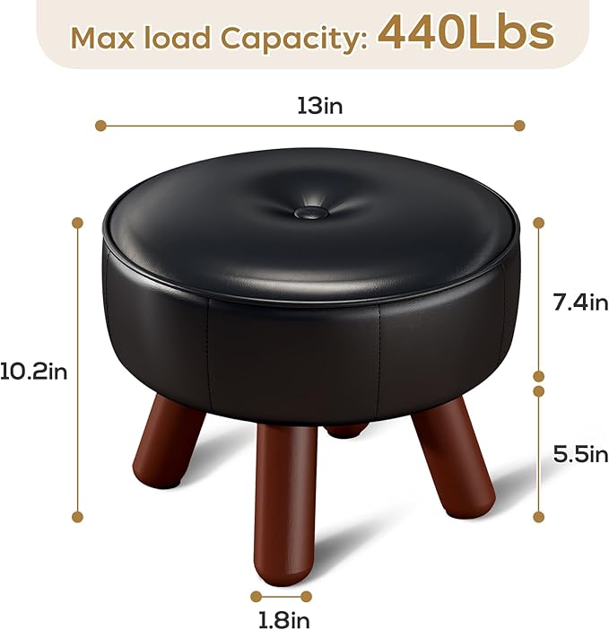 13in Small Foot Stool Ottoman, Round Faux Leather Foot Rest, Footstool Ottomans with Rubber Legs Under Desk, Footrest for Couch, Living Room, Bedroom, Office, 13''L x 13''W x 10.2''H, Black