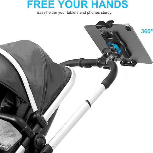 Stroller Tablet Holder for Baby, Phone iPad Holder Mount Handlebar Clamp for Golf Cart, Wheelchair, Scooter, Gym Bicycle, Workout Equipment, Tripod for iPad Pro 12.9, Air, Mini, Tabs, iPhone (4.7-13")