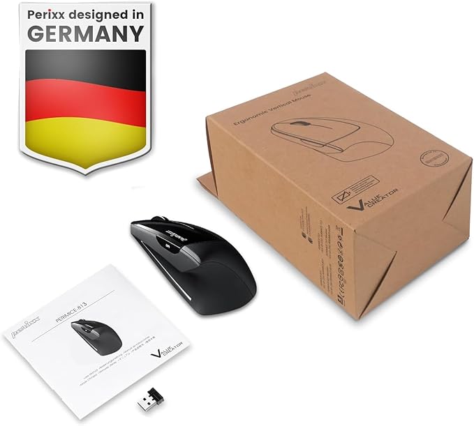 Perixx PERIMICE-813B Bluetooth Vertical Mouse - Wireless 3-in-1 Multi-Device Technology - Travelling Carry Bag - Black - Right Handed
