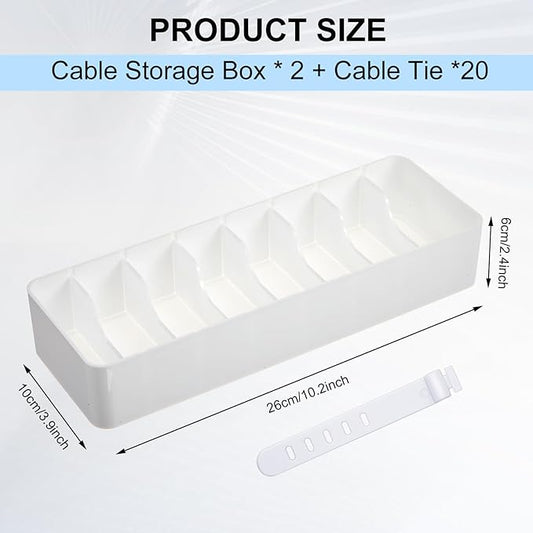 Tatuo 2 Pcs Cable Organizer with 20 Wire Ties, Plastic Cord Storage Charger Electronics Box with Adjustment Compartments for Drawer Home Office Desk Accessories (White)