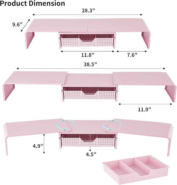 Dual Monitor Stand Riser with Drawer, Desk Organizer and Accessories, Metal Laptop Stand for Desk, Workspace Desktop Stand for Computer, Laptop, TV and More (Pink)