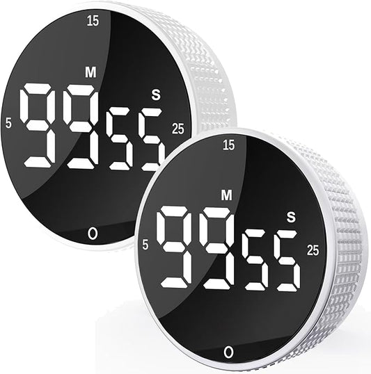Upgrade Digital Kitchen Timer - 2 Pack Magnetic Countdown Countup Visual Pomodoro Timer with Large LED Display, 3-Preset Times, 3 Volume Levels, Ideal for Cooking, Baking and Fitness (2, White)