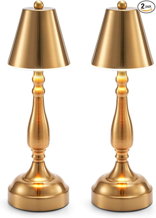 UMEXUS 2 Pack Cordless Table Lamp for Restaurant Dinner, 5200mAh Small Rechargeable Metal Desk Lamp, 3 Color Stepless Dimming, Portable Touch Bedside Night Light for Nightstand Bedroom Patio Outdoor