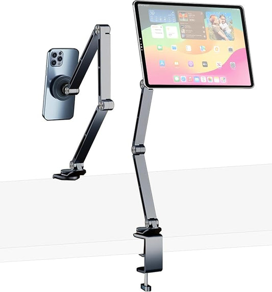 Magnetic Tablet Stand for Desk Aluminum Alloy Phone iPad Desk Holder Overhead Arm Mount with 360°Rotate Base for Magsafe/iPhone/Android/iPad (Magnetic Gray)
