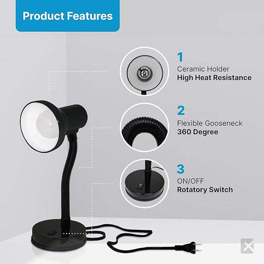 Xtricity LED Desk Light, 360° Adjustable Gooseneck, Home and Office Lamp with 7W A19 Bulb, 120V, On/Off Switch, 14” Height - Reading Lamps for Bedside Table, College Dorm (Black Finish)