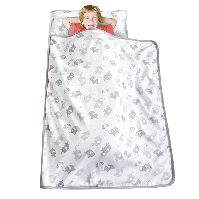 Moonsea Nap Mat for Toddlers Elephant with Pillow Blanket, Lightweight Perfect for Kids Preschool, Daycare, Travel Sleeping Bag Boys Girls, 21" x 50" Fit on a Standard Cot