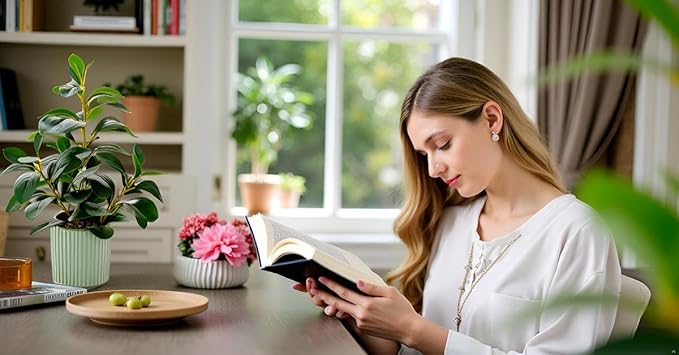 14.6'' Fake Plant Ficus Leaves Artificial Plant in Light Green Ceramic Stripe Planter Faux Real Looking and Touching Evergreen for Home Living Room Indoor & Outdoor