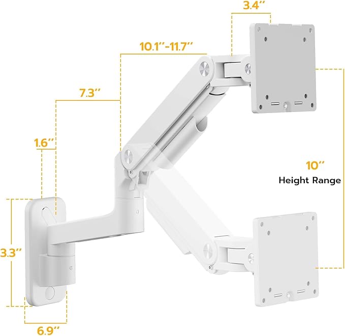 ARES WING Wall Mount Monitor Arm for 17-49 Inch Ultrawide Screens, Heavy Duty Single Monitor Mount Holds 44 lbs, Fully Adjustable Gas Spring Wall Mount, 75x75/100x100 VESA Mount, White
