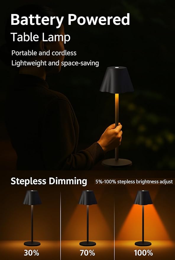 La Luz 13 inch Aluminum Cordless Table Lamps 5200 mAh Battery Operated, 3-Way Dimmable USB-C Port Rechargeable 3.5W Touch Light LED Lamp for Bedroom/Patio/Reading/Desk Black
