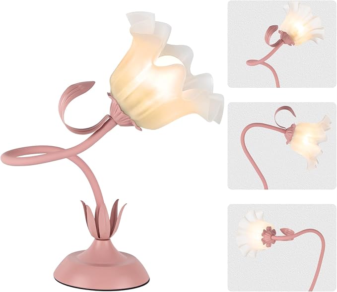 Cute Flower Desk Lamp, 3 Color Temperature Table Lamps with LED Bulb, Vintage Bedside Lamp, Reading Lamps with Soft Light for Bedroom, Living Room(Pink)