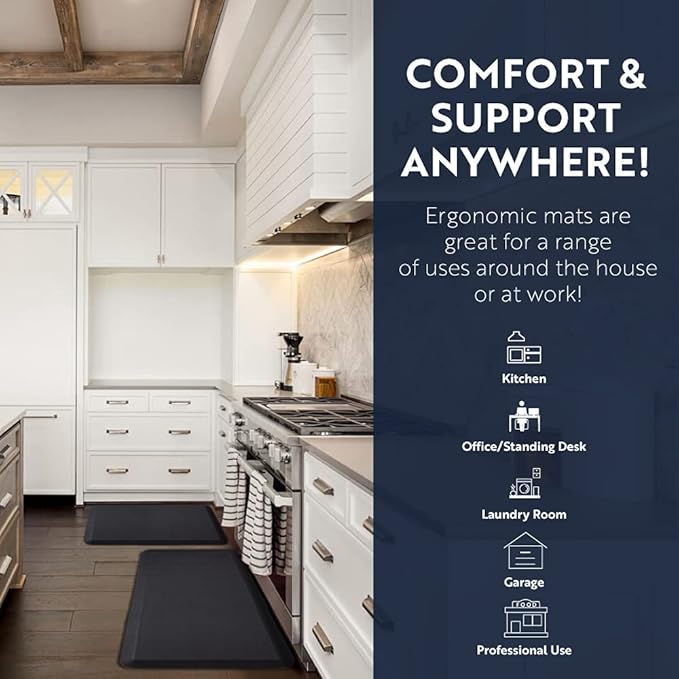 KANGAROO Thick Ergonomic Anti Fatigue Mats for Kitchen Floor, 70x24 Runner, Cushioned Standing Office Desk Mat, Waterproof Scratch Resistant Topside, Supportive All Day Comfort Padded Foam Rugs, Black