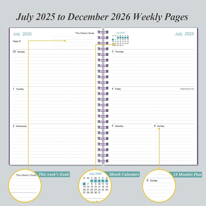 2025-2026 Planner - 18 Months Weekly & Monthly Planner from July 2025 - December 2026, Spiral Planner 2025-2026 with Elastic Closure, Inner Pocket, Medium 5.8" x 8.3", Purple