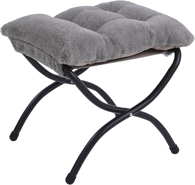 LITA Folding Upholstered Footrest Stool, Modern Small Portable Accent Ottoman with Detachable Thick Cotton Cushion Padded Sofa Stool with Metal Frame for Lazy Chair, Living Room & Bedroom, Plush Grey