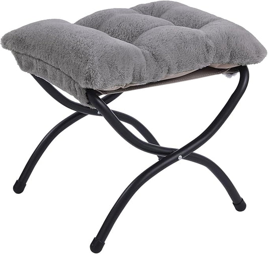 LITA Folding Upholstered Footrest Stool, Modern Small Portable Accent Ottoman with Detachable Thick Cotton Cushion Padded Sofa Stool with Metal Frame for Lazy Chair, Living Room & Bedroom, Plush Grey