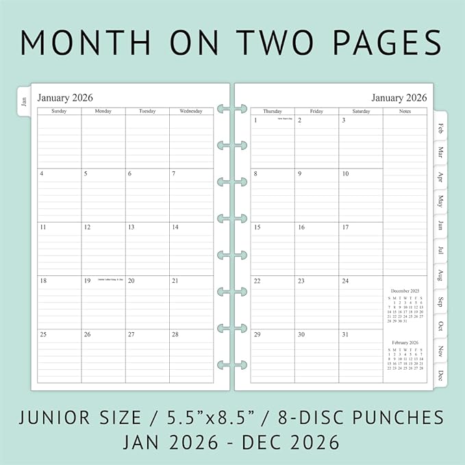 2026 Weekly & Monthly Planner Refill for 8-Discbound Planners, Two Pages Per Week, Junior Size, 5-1/2"x8-1/2"