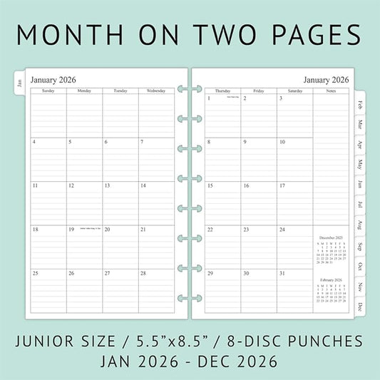 2026 Weekly & Monthly Planner Refill for 8-Discbound Planners, Two Pages Per Week, Junior Size, 5-1/2"x8-1/2"
