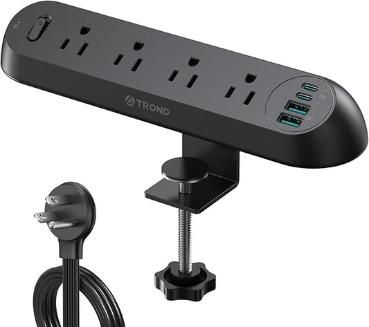 TROND Desk Clamp Power Strip USB C PD 20W - Flat Plug 10ft Extension Cord, Surge Protector with 4 AC Outlets 4 USB Ports, 1700J, ETL Listed, Fits 1.97 inch Tabletop Edge, for Home Office, Black