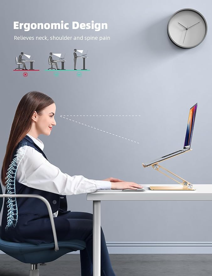 Lamicall Adjustable Laptop Stand, Portable Laptop Riser, Aluminum Laptop Stand for Desk Foldable, Ergonomic Computer Notebook Stand Holder for MacBook Air Pro, Dell XPS, HP (10-17.3'') -Gold