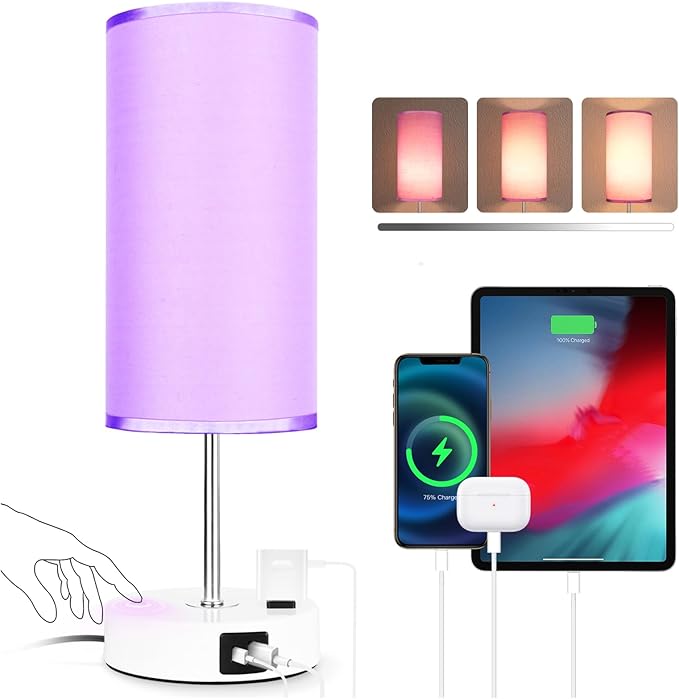 Bedside Table Lamp with USB Port - Touch Desk Lamp for Bedroom, 3 Way Dimmable Small Nightstand Lamp for Living Room, Bedroom Lamps for Room Decor, Purple