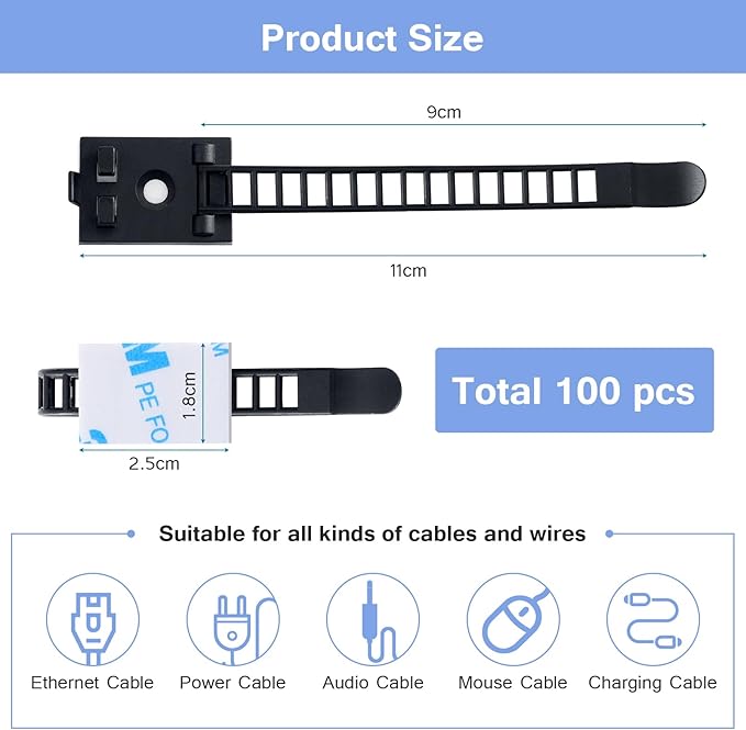 100PCS Adhesive Cable Ties Cable Clips, Self-adhesive Nylon Cable Straps, Adhesive Cable Management Clips for Wire Management (Black-Adhesive Cable Ties)
