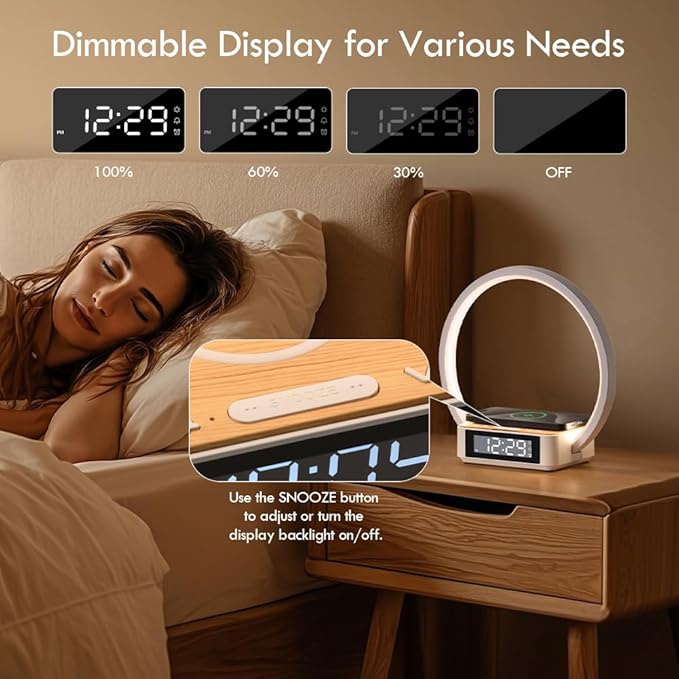 Alarm Clock,Table Lamp with Wireless Charging,Touch Bedside Lamp with 3 Brightness Levels,Snooze,Sunrize Wake-Up Light,Idea Gifts for Women,Men,Teens,Adults