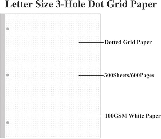 (3-Pack) 3-Hole Dotted Paper Refills, Letter Size Dot Grid Loose-Leaf Paper, 300Sheets/600Pages, 100gsm White Paper, 8.5'' x 11''