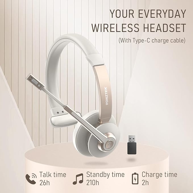 Wireless Headset, Bluetooth Headphones with Microphone Noise Canceling & USB Dongle, Trucker Bluetooth Headset with Mic Mute for Cell Phone Computer Work Office Meetings Teams Skype Call