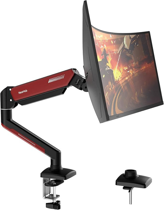 Gaming Monitor Mount for Computer Screen 13-32" and up to 22 lbs,360° Rotation,+90° to -45° Tilt,180° Swivel,with C Clamp and Grommet Base,Integrated Cable Management,75x75/100x100 VESA,RED