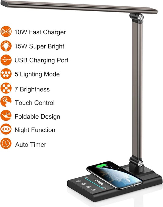 AFROG 5th Gen Multifunctional LED Desk Lamp with 10W Fast Wireless Charger, USB Charging Port,1800Lux Super Bright,5 Lighting Mode,7 Brightness, Touch Control, Auto Timer, 15W Office Table Lamp