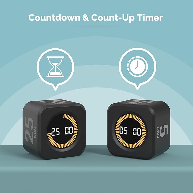 KADAMS Pomodoro Cube Timer Productivity Visual Timer - 5/10/25/50 Min Rotating Countdown, Customize Countup Silent Mode- for Work Study Cook Workout Kitchen Back to School Classroom(Black)