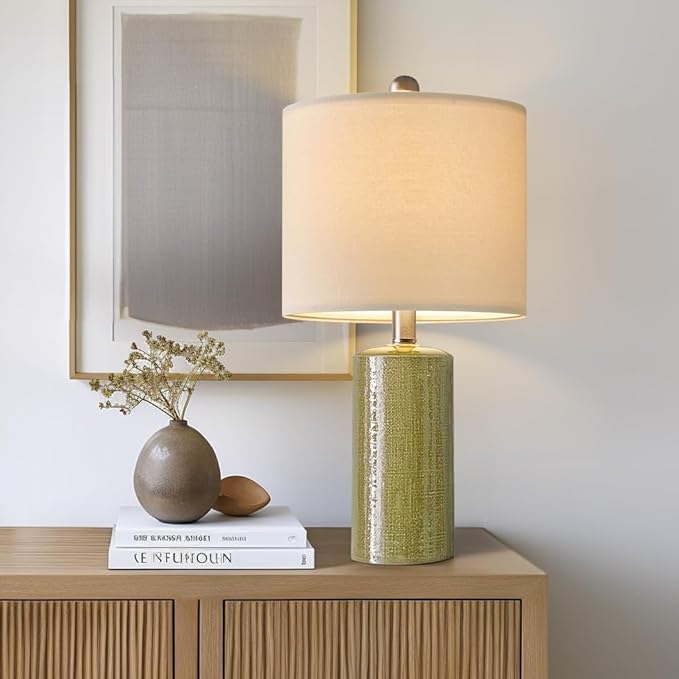 20.25" Small Single Table Lamp for Bedroom Modern Ceramic Nightstand Lamp Farmhouse Bedside Lamp Boho Living Room End Side Table Lamp, Green