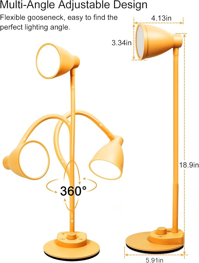 BOHON LED Desk Lamp with USB Charging Port, 3 Color Modes Fully Dimmable Reading Lamp, Auto Dimming Task Lamp, Flexible Gooseneck Table Light for Home Office Dorm Bedside, Bright Yellow