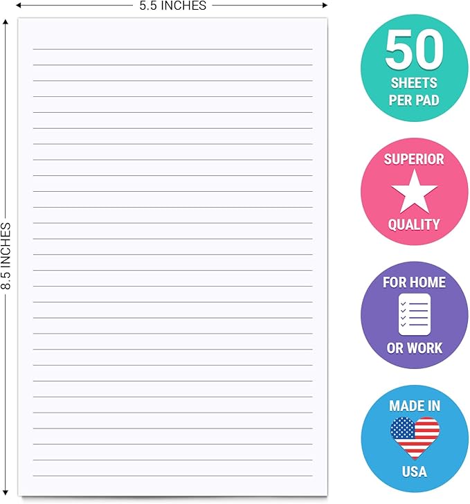 321Done Ruled Notepad - 50 Sheets (5.5" x 8.5") - Luxury Planning Note Pad with Lines - Thick Premium Paper - Made in USA - Plain White